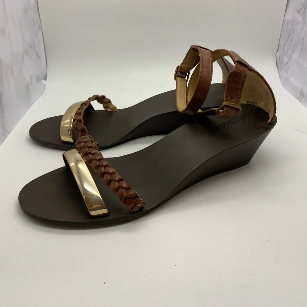 Lucky‎ Brand Ankle Strap Brown Gold Wedge Sandals women’s size 10M